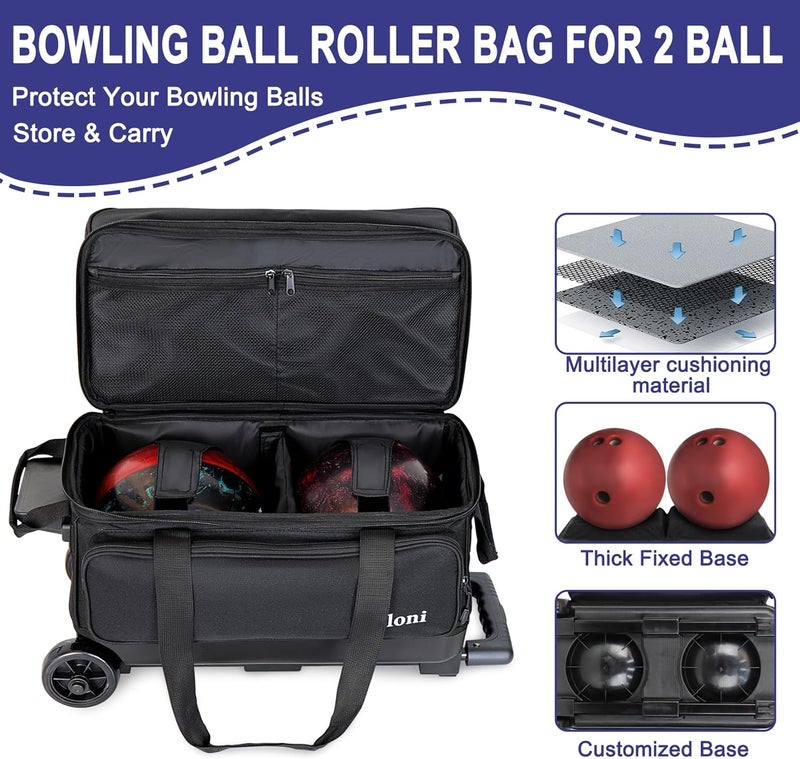 Goloni Double Roller 2 Ball Bowling Bag with Separate Shoe Compartment,2 Ball Bowling Bag with Wheels,Retractable Handle Extends to 40" - Image 2